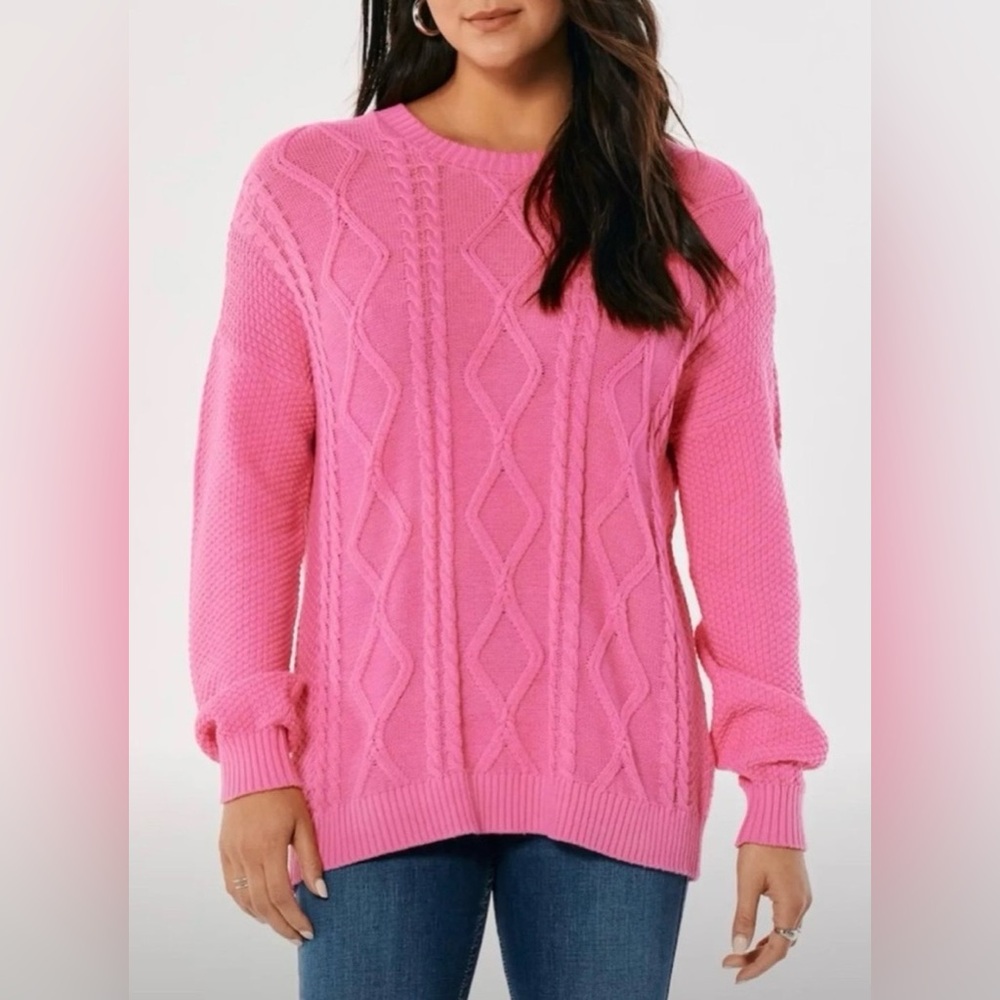 Womens Hollister Pink Cotton Cable Knit Crewneck 
Oversized Preppy Sweater‎ XS